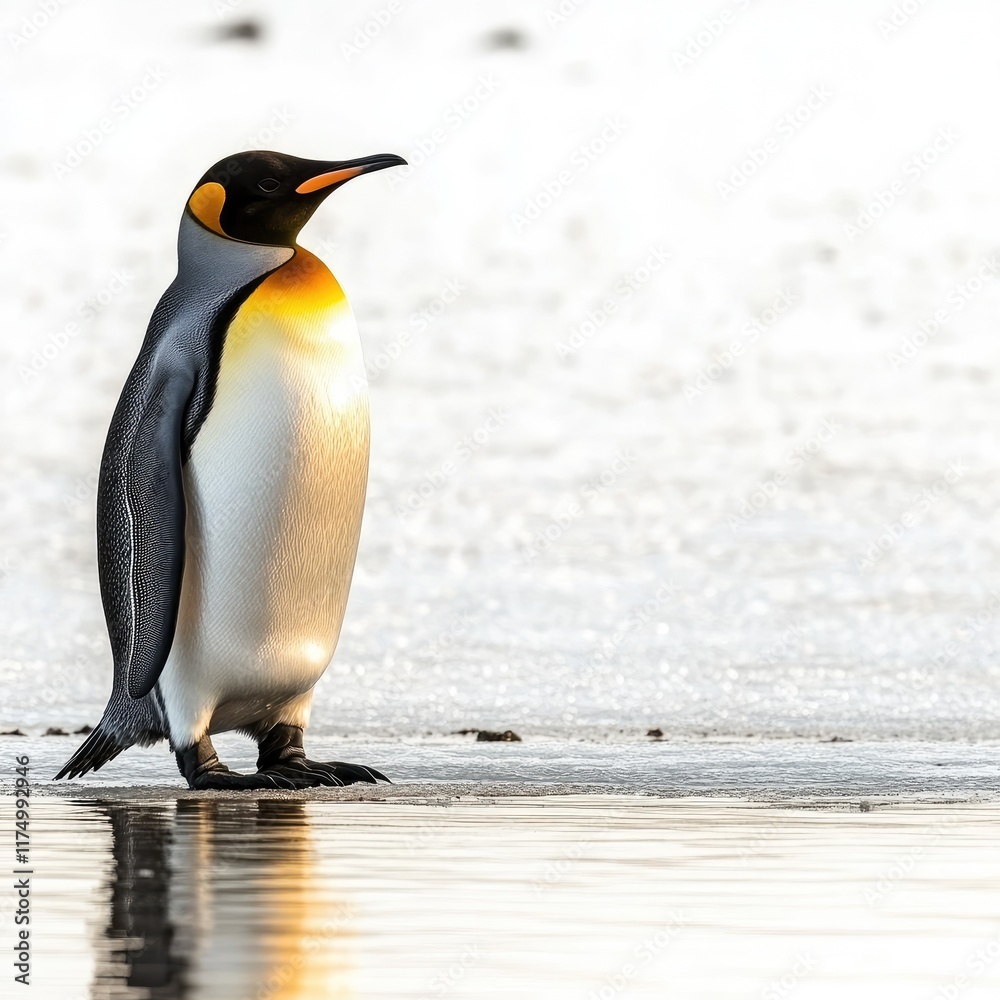 Fototapeta premium A solitary emperor penguin stands on icy terrain by the water's edge.