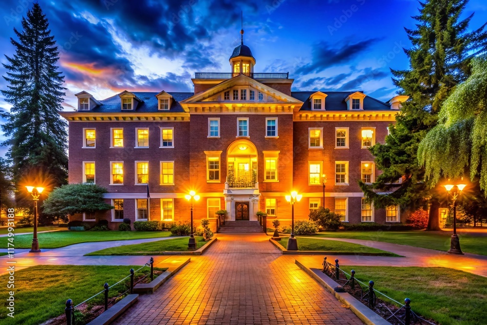 Fototapeta premium Oregon State University Campus at Night, Low Light Photography, Dramatic Shadows, Beautiful Architecture
