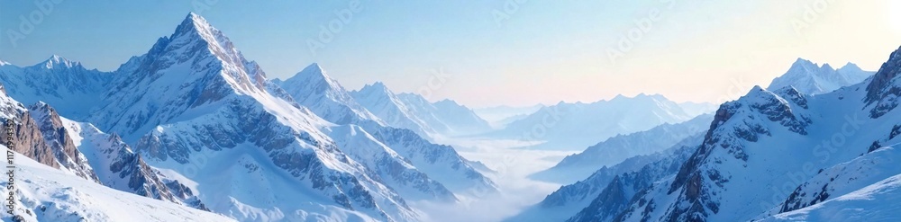 Serene mountain valley with a soft blue gradient, clear sky, frosty terrain Serene mountain valley with a soft blue gradient, clear sky, frosty terrain