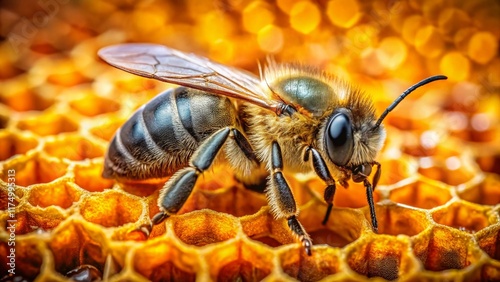 Osmium Bee on Honeycomb: Close-up Macro Food Photography
