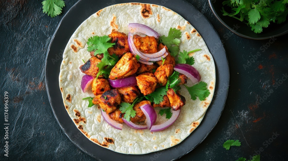 A tortilla wrap filled with chicken tikka, red onions, A tortilla wrap filled with chicken tikka, red onions,