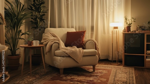 Cozy armchair, blanket, plants, warm lamplight, side table.