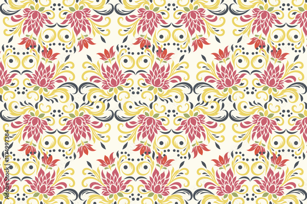 Fototapeta premium vintage botanical ikat seamless floral pattern for fabric wallpaper and fashion textile with all over repeat flower blossom traditional design texture