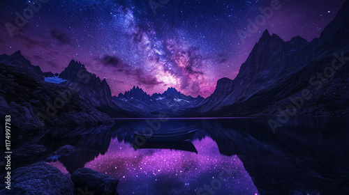 Majestic starry night over mountains and a calm lake with a boat reflecting the Milky Way photo