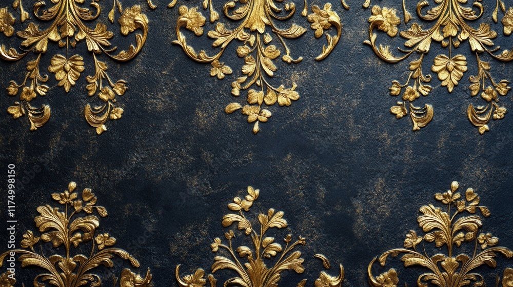 Dark background with ornate gold floral design; embossed texture. Perfect for luxury, elegance, or vintage projects needing a rich, textured backdrop. Dark background with ornate gold floral design; embossed texture. Perfect for luxury, elegance, or vintage projects needing a rich, textured backdrop.
