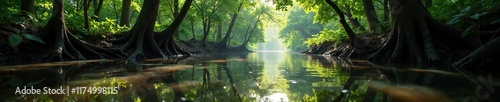 Water level rising slowly through the mangrove forest, water surface, wet wood