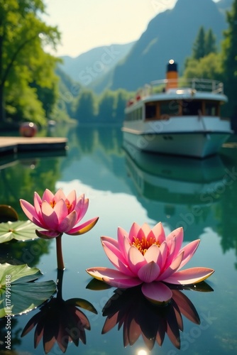 Water lilies on a serene lake beside paddlewheel cruise boat, peaceful, dock photo