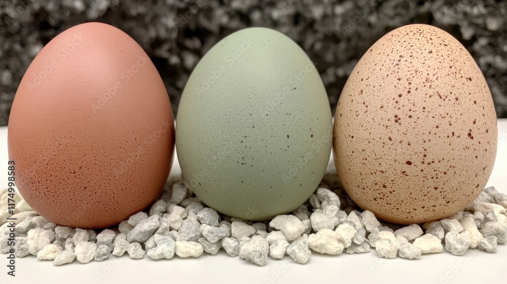 Three Colorful Eggs on White Gravel Three Colorful Eggs on White Gravel