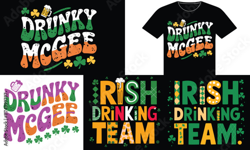 Colorful Irish-themed t-shirt vector bundle with shamrocks, beer mugs, and festive typography for St. Patrick's Day