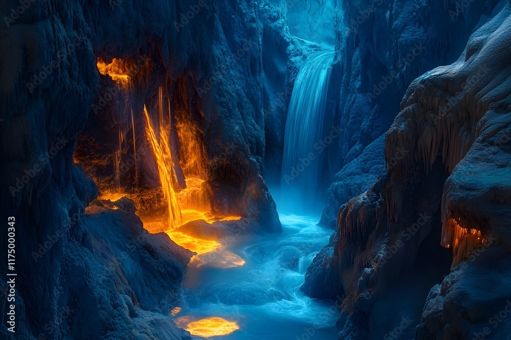 mystical waterfall with purple glowing water and neon light, featuring a magical nature scene with glowing rocks mystical waterfall with purple glowing water and neon light, featuring a magical nature scene with glowing rocks