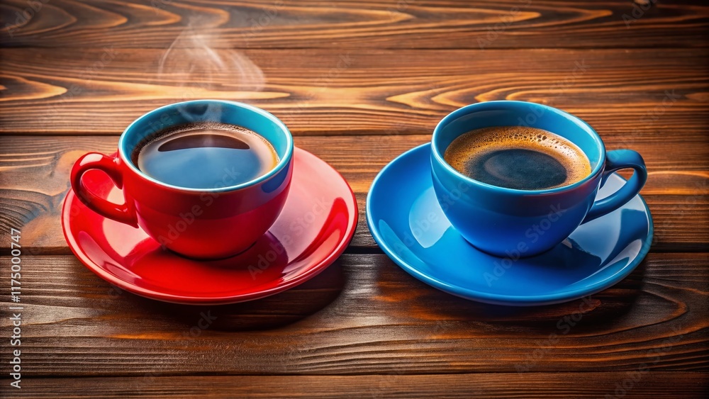 Obraz premium Panoramic Aerial View: Two Hot Coffee Mugs on Wooden Background