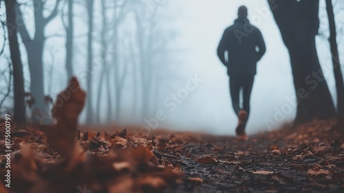 Runner training tirelessly on a foggy trail, every stride pushing limits, perseverance, determination, patience photo