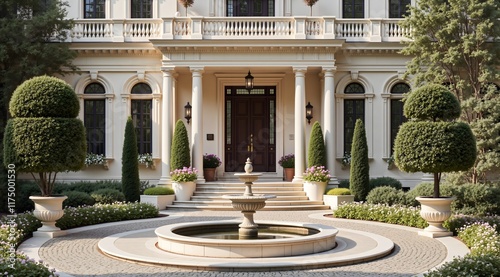 Elegant mansion facade with a central fountain, manicured topiary, symmetrical columns, and vibrant flower arrangements, exuding sophistication and classic architectural beauty.