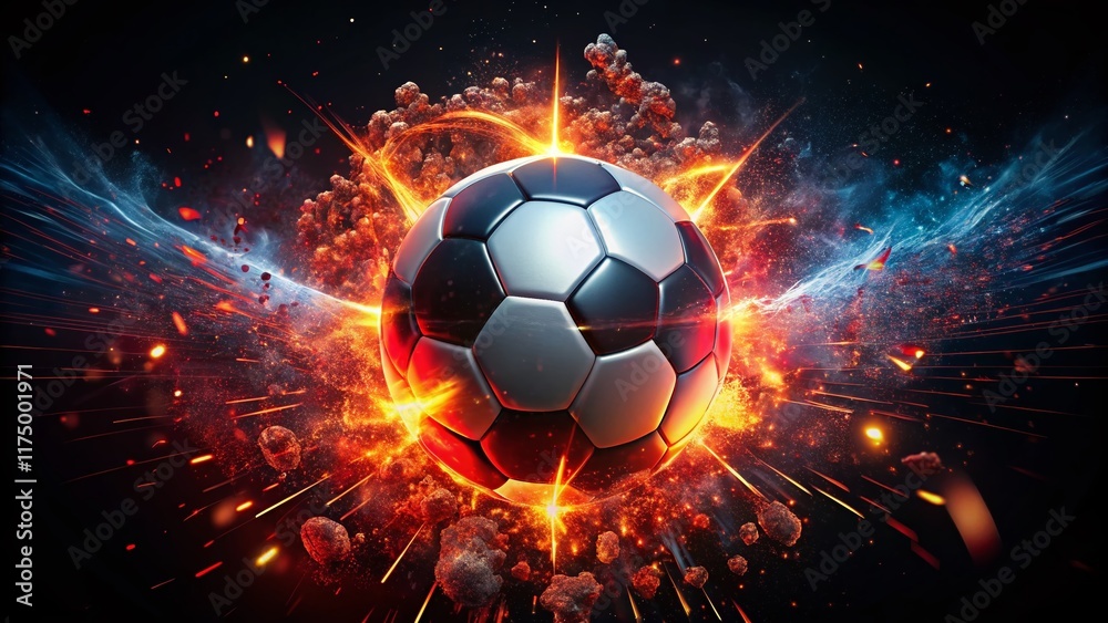 Fototapeta premium Futuristic Neon Red Soccer Ball Explosion - Black Background Aerial Matte Painting