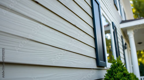 Light beige wood-grain vinyl siding on a house exterior. Dark window frames and a partially visible porch are featured.  A small green bush is in the foreground.