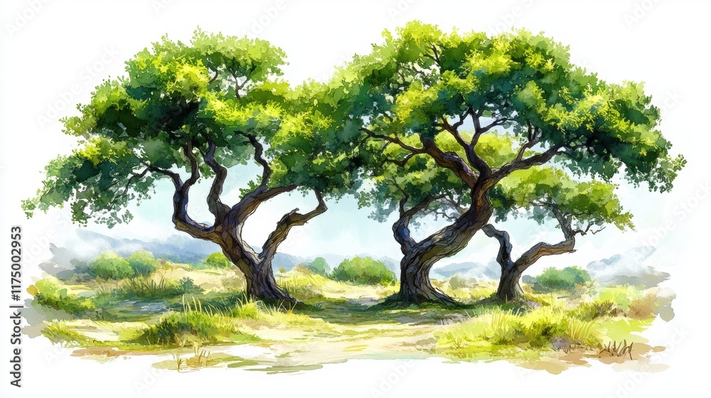 Serene Landscape with Two Majestic Olive Trees Serene Landscape with Two Majestic Olive Trees