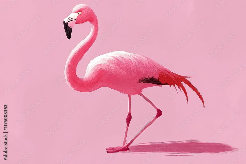 Fototapeta premium Pink bird stands on pink background.