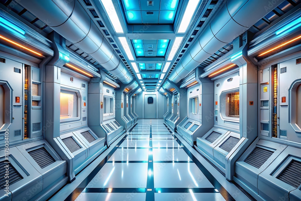 Fototapeta premium Futuristic Spaceship Corridor: Open Doorway to White Infinity - Stock Photo