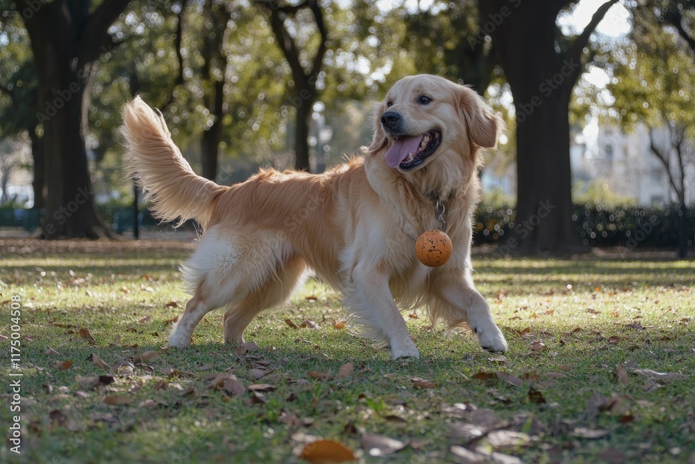 Golden retriever plays in sunny park, carrying ball. Golden retriever plays in sunny park, carrying ball.