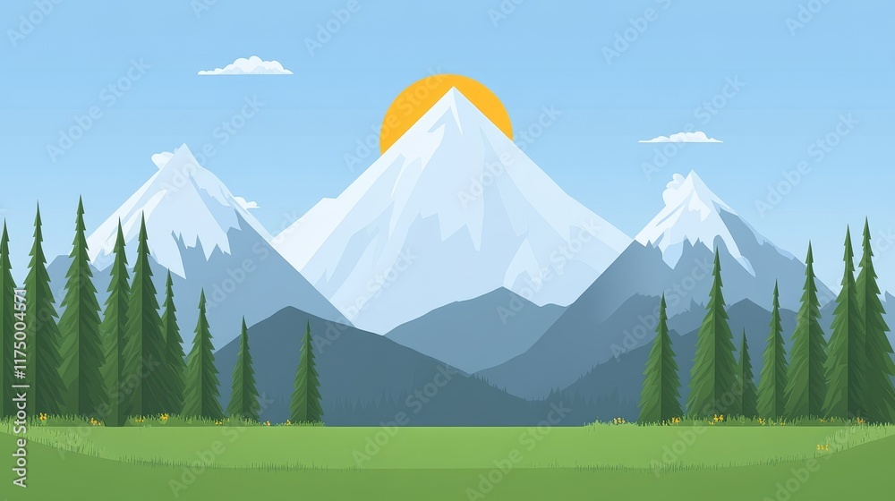 Fototapeta premium Majestic Snow-Capped Mountains at Sunrise Over a Verdant Meadow