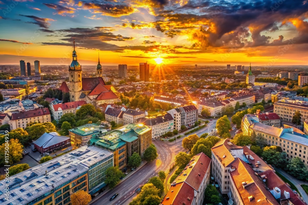 Naklejka premium Panoramic Cityscape at Golden Hour, Stunning Urban View