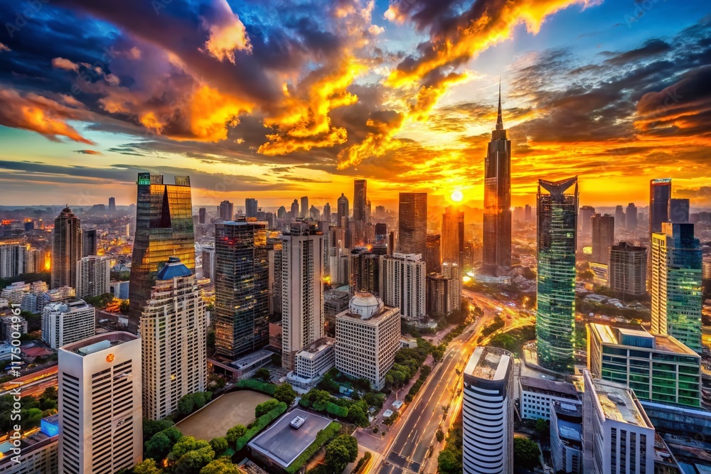 Fototapeta premium Panoramic Cityscape at Sunset, Golden Hour Urban Skyline