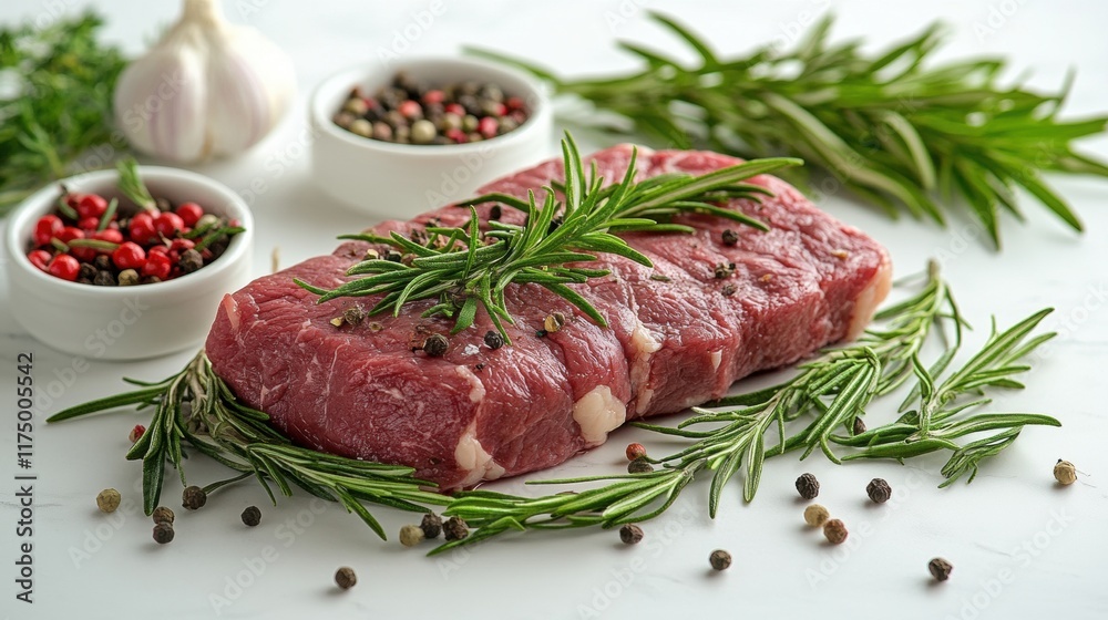 Raw Beef Steak with Rosemary and Peppercorns