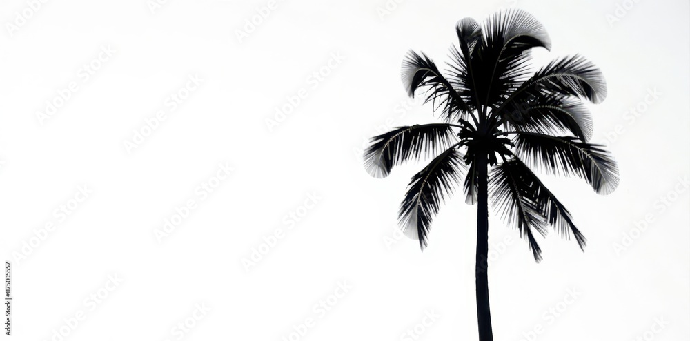 Fototapeta premium Bold black palm tree, slender, against bright white sky, sketch, line, design