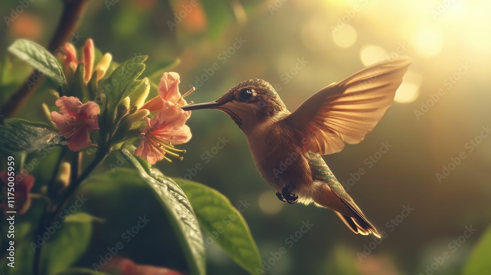 Fototapeta premium Hummingbird feeding, sunlight, blossoms, wings outstretched.