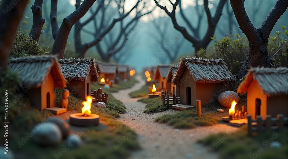 Fototapeta premium A serene forest village lined with small thatched huts, glowing fire pits, and winding dirt paths, surrounded by lush greenery and towering trees in the misty twilight.