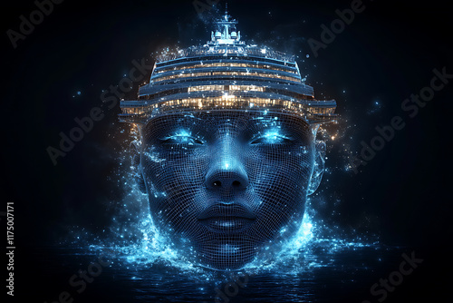 Wallpaper Mural Glowing wireframe illustration of a girl standing against the backdrop of a cruise liner, highlighted by vibrant blue and black data points, symbolizing travel, luxury, and futuristic design.

 Torontodigital.ca
