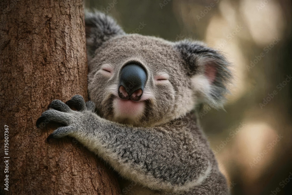 Naklejka premium Sleeping marsupial hugs tree trunk, eyes closed.