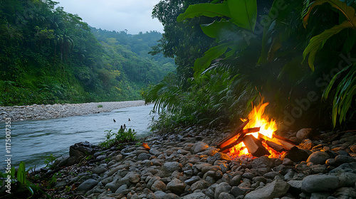 Warm campfire on a rocky riverbank in a dense jungle, bright green foliage surrounding the area and exotic birds singing in the distance photo