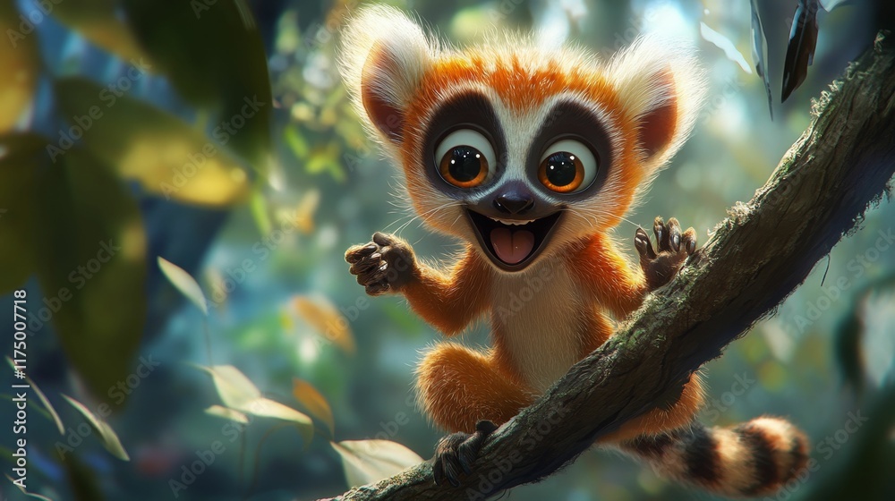 Happy primate on branch, lush green background. Happy primate on branch, lush green background.