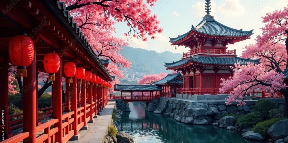 Ancient Tokyo temple, red lanterns, cherry blossoms, pagoda, sky, beautiful, japan