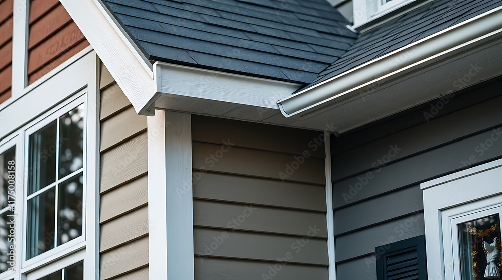 Fototapeta premium House Exterior with Beige and Gray Vinyl Siding, White Trim, and Asphalt Shingle Roof