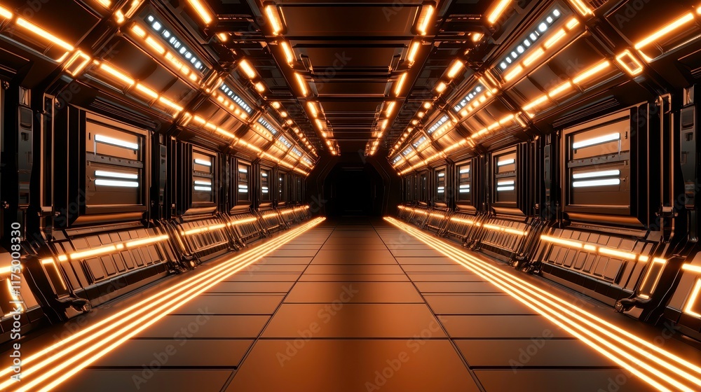Obraz premium Futuristic corridor exploration sci-fi setting digital art dimly lit environment perspective view tech concept