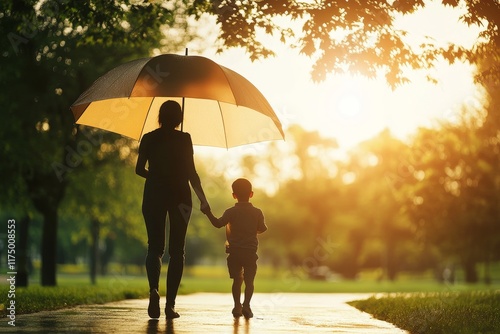 A parent holding a child’s hand while walking under a large protective umbrella, symbolizing life insurance. A serene park scene in the background. Warm and hopeful lighting.