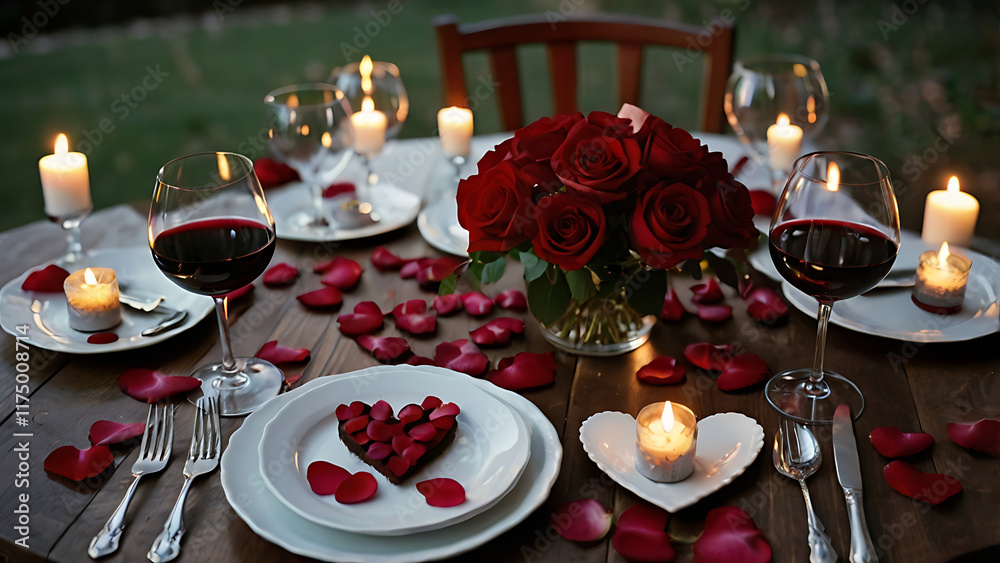 Charming Valentine’s Day Table Setting with Candlelight, Heart-Shaped Decorations, Champagne Glasses, and Red Roses – AI-generated Charming Valentine’s Day Table Setting with Candlelight, Heart-Shaped Decorations, Champagne Glasses, and Red Roses – AI-generated