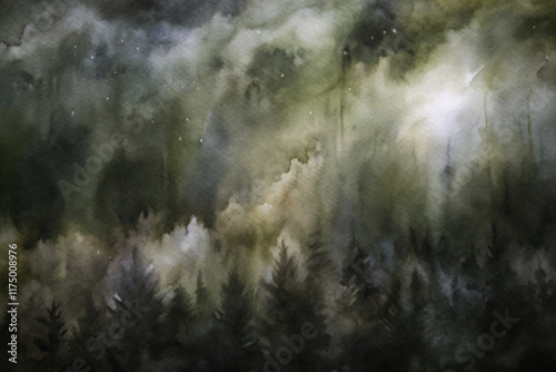 Abstract watercolor landscape, misty forest scene, soft green tones, atmospheric depth, nature-inspired art.