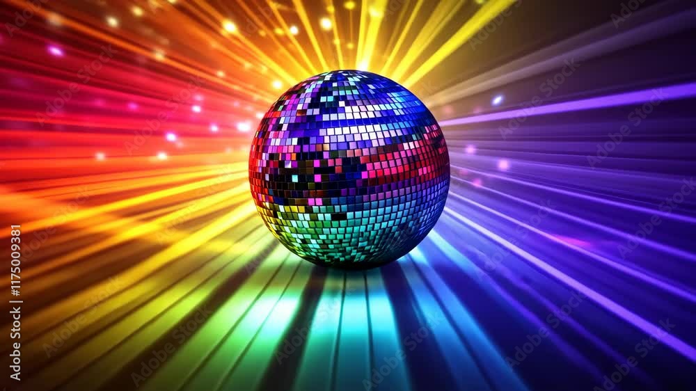 Shiny disco ball reflects vibrant colors as lights flash and swirl, creating an energetic ambiance perfect for a night of joy and dancing