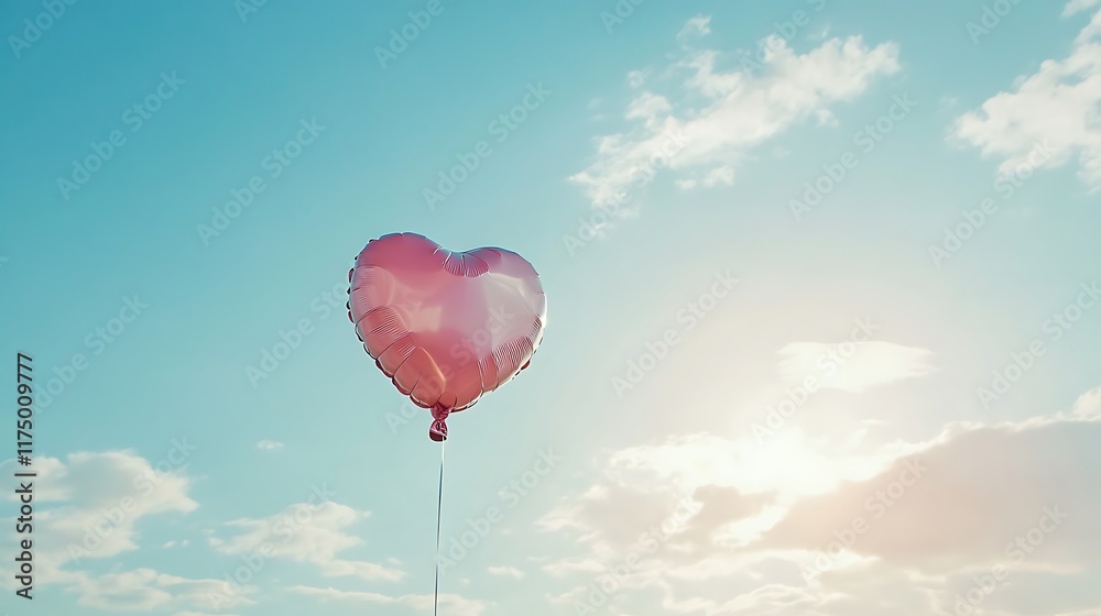 Fototapeta premium A single Valentine day balloon in the shape of a heart floating delicately in a clear morning sky