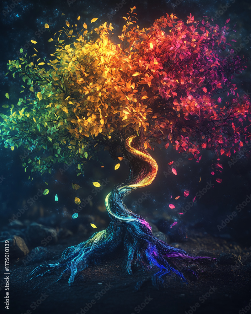 Glowing rainbow tree with vibrant roots and leaves in a mystical cosmic scene Glowing rainbow tree with vibrant roots and leaves in a mystical cosmic scene