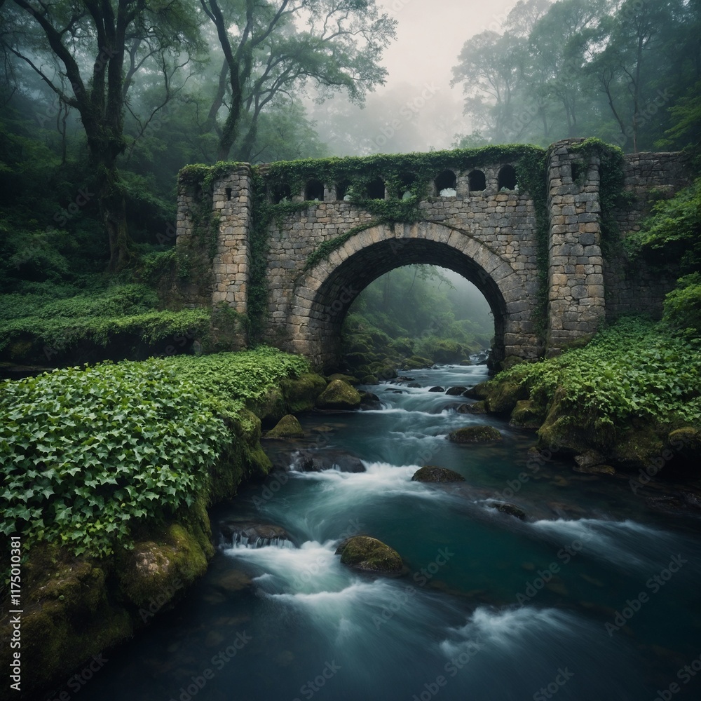 A medieval stone bridge with ivy-covered towers, crossing a misty, enchanted river. A medieval stone bridge with ivy-covered towers, crossing a misty, enchanted river.