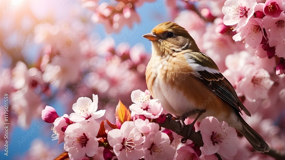Fototapeta premium A vibrant and colorful American songbird perched on a blooming cherry blossom tree, its feathers shimmering in the sunlight.