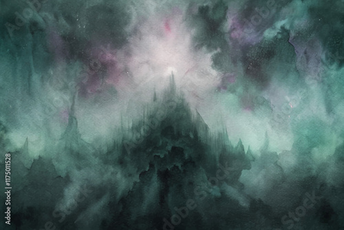 Ethereal landscape, mystical mountains, dark clouds, watercolor style, fantasy art, atmospheric background, dreamlike scenery.