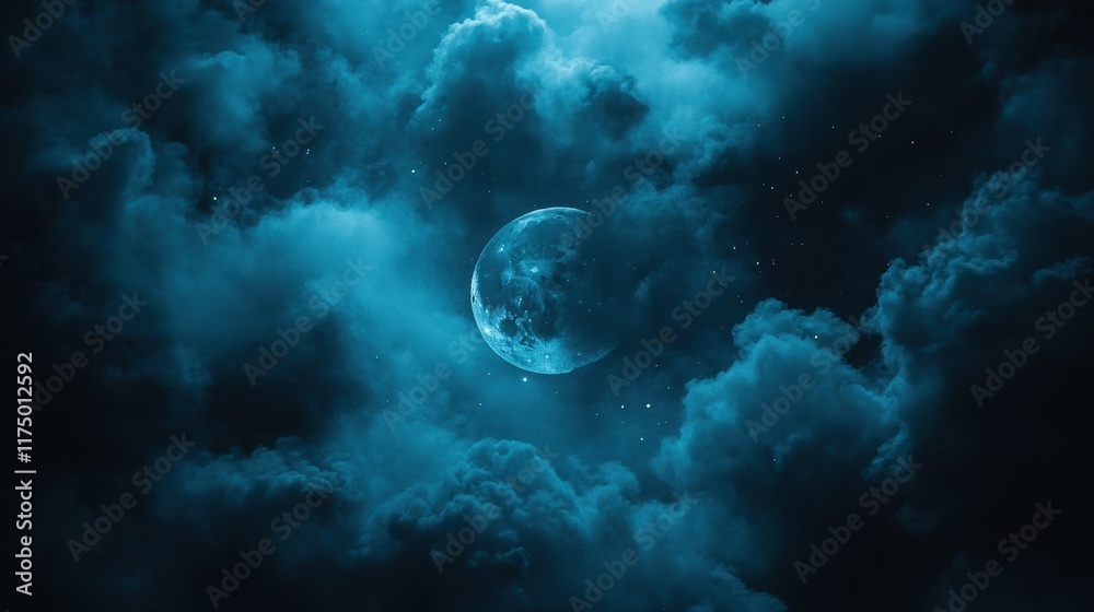 A mystical teal moon partially hidden by dark clouds. Ideal for fantasy, sci-fi, or atmospheric projects. A mystical teal moon partially hidden by dark clouds. Ideal for fantasy, sci-fi, or atmospheric projects.