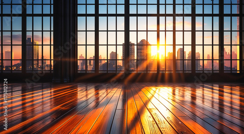empty room with polished wooden floors, bathed in the warm glow of a setting sun streaming through large grid-style glass windows The golden sunlight dramatic shadows on the floor