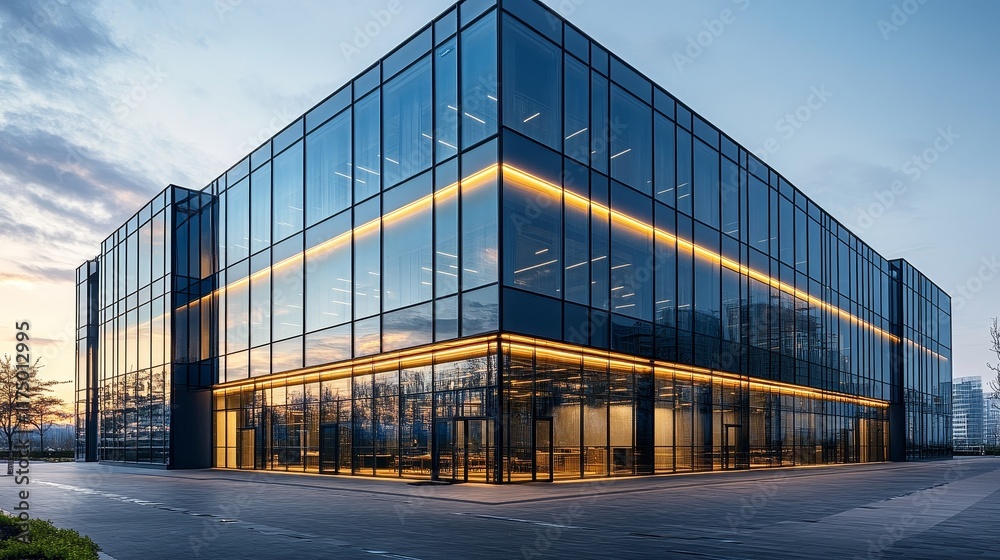 Modern commercial building with large glass facades and multiple entrances, surrounded by paved floors and a simple sky background, designed in a contemporary architectural style Modern commercial building with large glass facades and multiple entrances, surrounded by paved floors and a simple sky background, designed in a contemporary architectural style