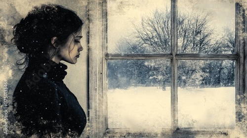 sad woman looking at winter landscape outside window